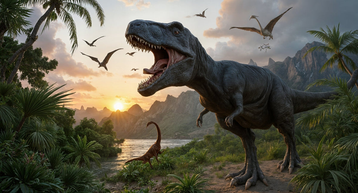 Roaring T-Rex Dinosaur Jungle Sunset Wall Mural