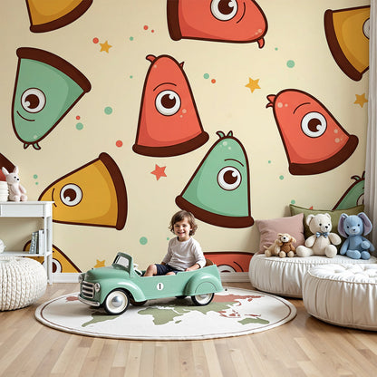 Nursery wall featuring a Kids-Mundo triangle monster wall mural with stars and playful bubbles.