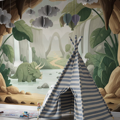 Kids-Mundo triceratops mural covering a wall behind a bed in a nature-themed kids bedroom.
