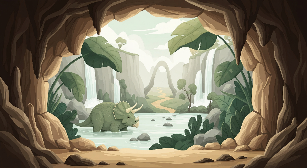 Kids-Mundo flat artwork of a triceratops wading in a cave pool beneath big tropical leaves.