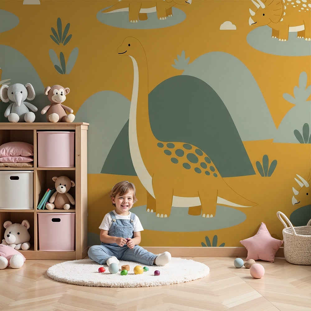 Kids-Mundo triceratops dinosaur hills wall mural styled in a golden-toned nursery with a cot