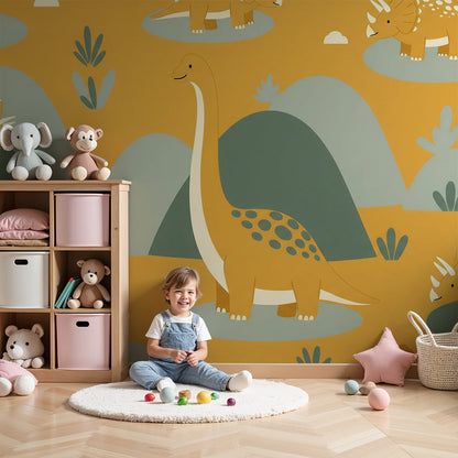 Kids-Mundo triceratops dinosaur hills wall mural styled in a golden-toned nursery with a cot