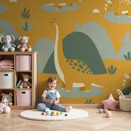 Kids-Mundo triceratops dinosaur hills wall mural styled in a golden-toned nursery with a cot