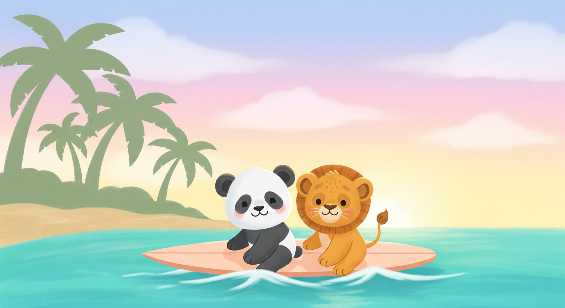 Detailed tropical adventure mural wallpaper design pattern featuring panda and lion surfing by Kids-Mundo