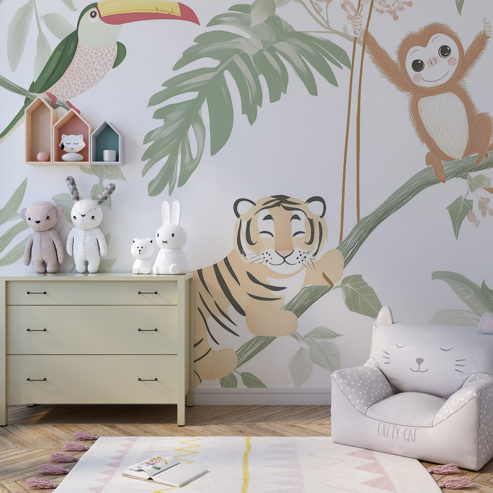 Tigers and toucans wallpaper transforming kids playroom into tropical jungle adventure space