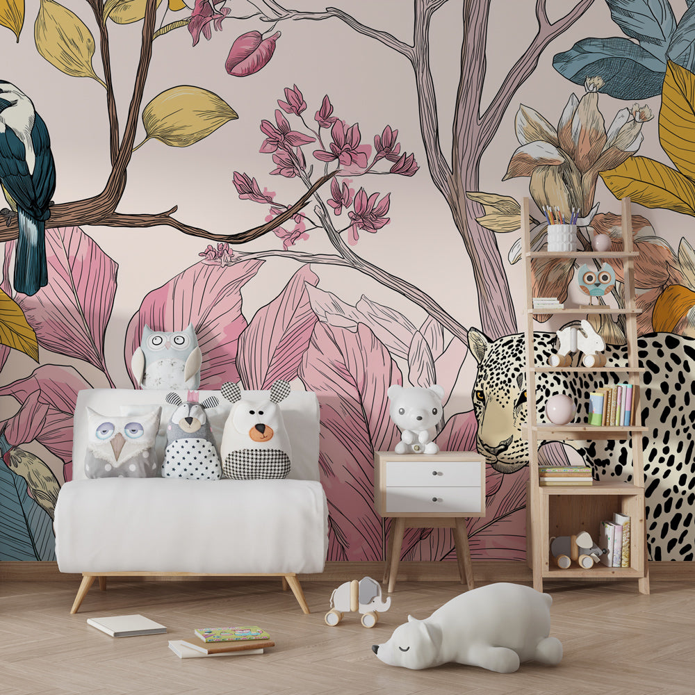 Exotic plants and animals wallpaper transforming children's bedroom into tropical paradise
