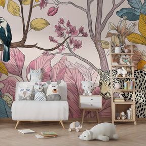 Exotic plants and animals wallpaper transforming children's bedroom into tropical paradise