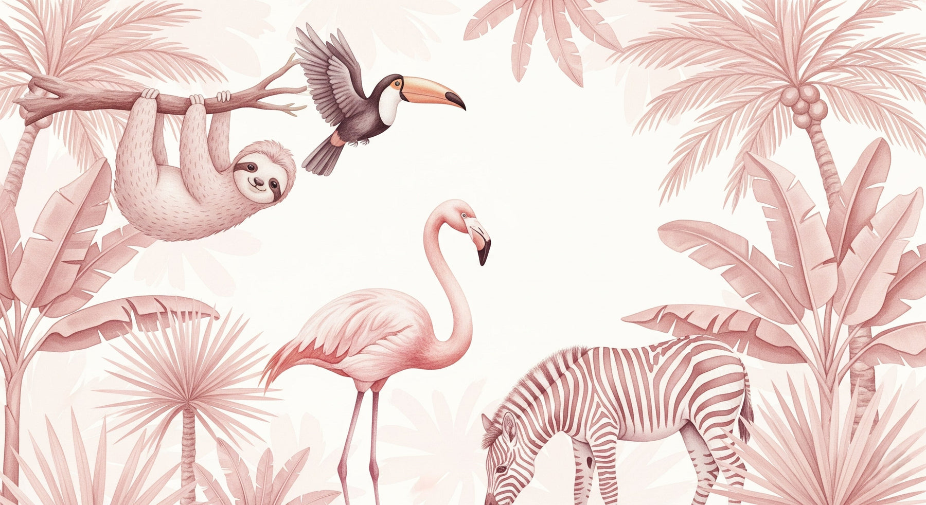 Detailed tropical animals mural wallpaper design pattern with pink foliage by Kids-Mundo