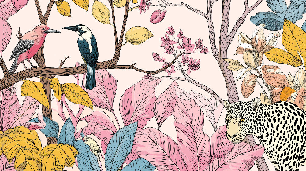 Detailed tropical animals and exotic plants mural wallpaper design pattern by Kids-Mundo