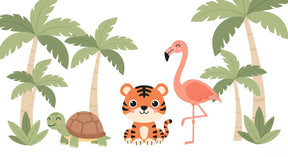 Detailed tropical animals mural wallpaper design pattern with tiger, turtle and flamingo by Kids-Mundo