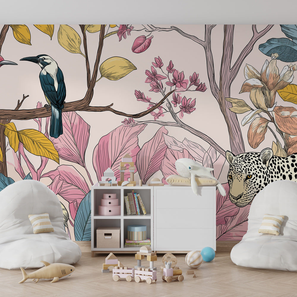Jungle themed mural wallpaper with colorful birds and leopard for modern kids room by Kids-Mundo