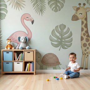 Tropical animals mural wallpaper in modern nursery with flamingo and giraffe by Kids-Mundo