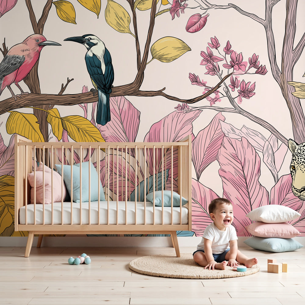 Tropical animals mural wallpaper with leopards and birds creating jungle nursery decor by Kids-Mundo