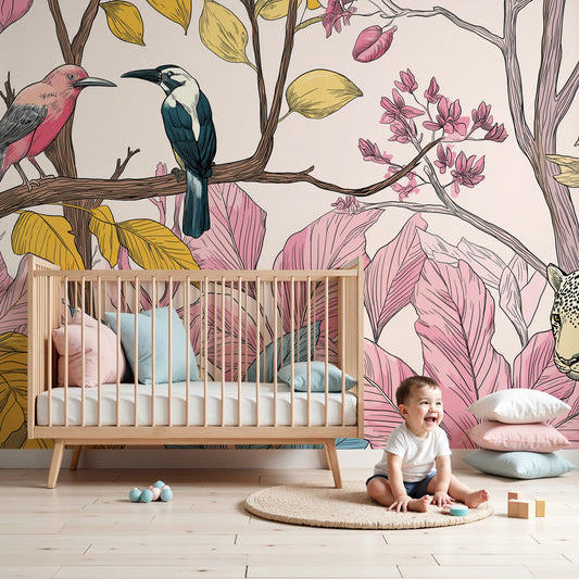 Tropical animals mural wallpaper with leopards and birds creating jungle nursery decor by Kids-Mundo