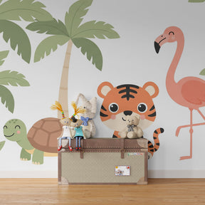 Tropical animals wall decor with palm trees and wildlife in children's playroom setting