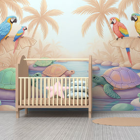 Tropical animals wallpaper creating peaceful sanctuary atmosphere in kids room decor