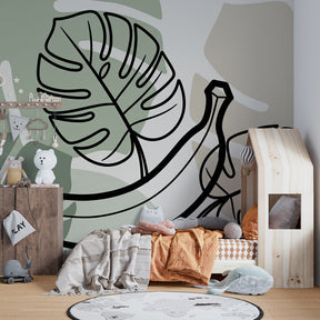 Jungle banana leaf wallpaper creating peaceful atmosphere in children's bedroom decor