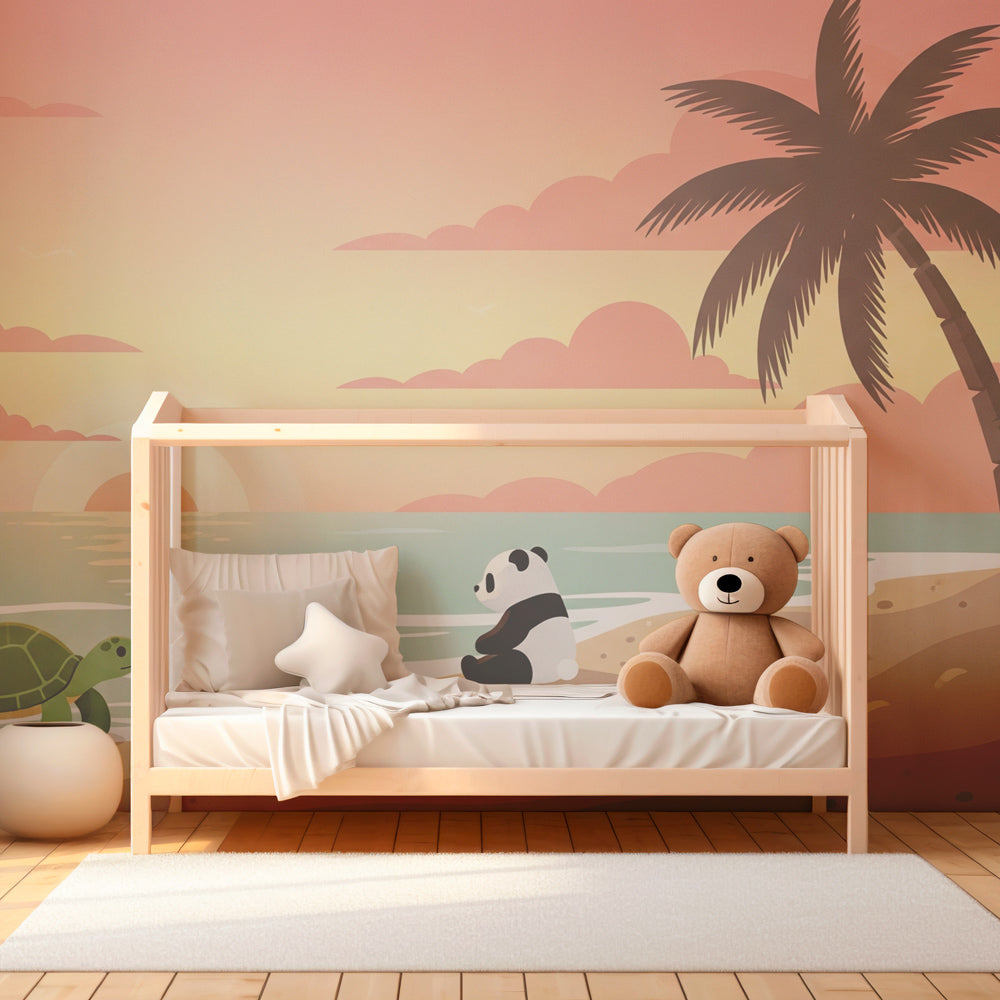 Children's tropical paradise wallpaper creating serene coastal bedroom atmosphere