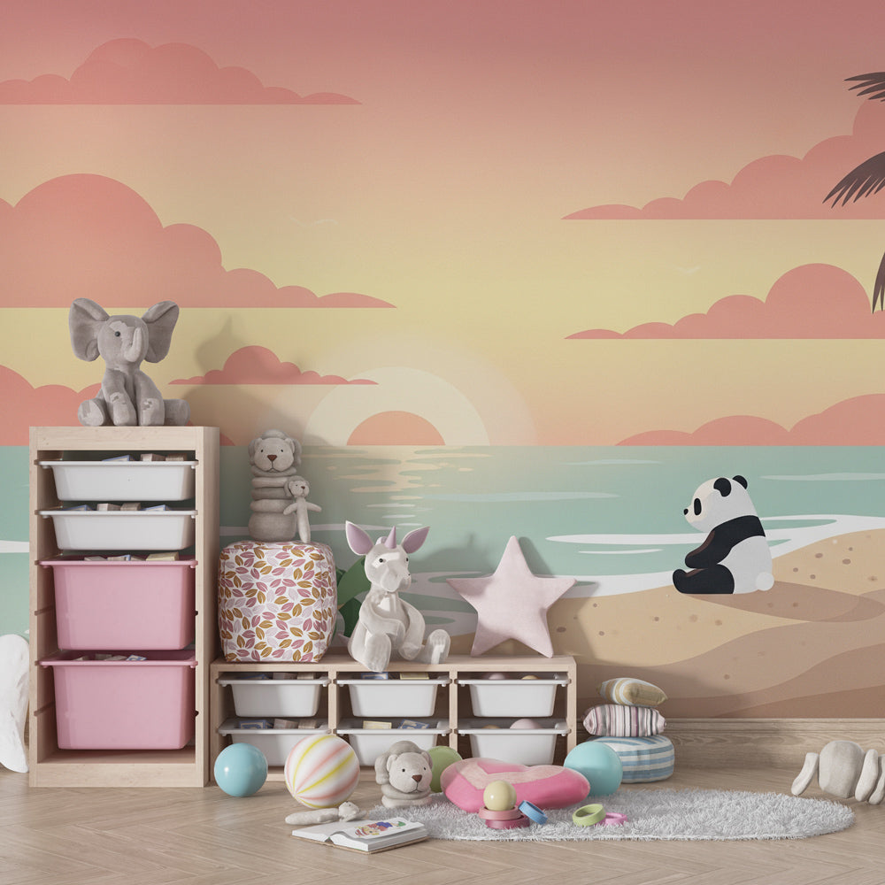 Beach sunset mural wallpaper for kids room with calming pink and peach tones
