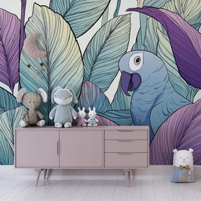Colorful tropical bird wallpaper creating peaceful children's bedroom atmosphere with natural decor