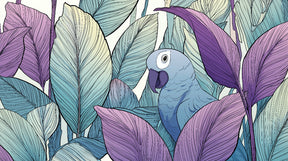 Detailed tropical bird mural wallpaper design pattern with blue violet leaves by Kids-Mundo