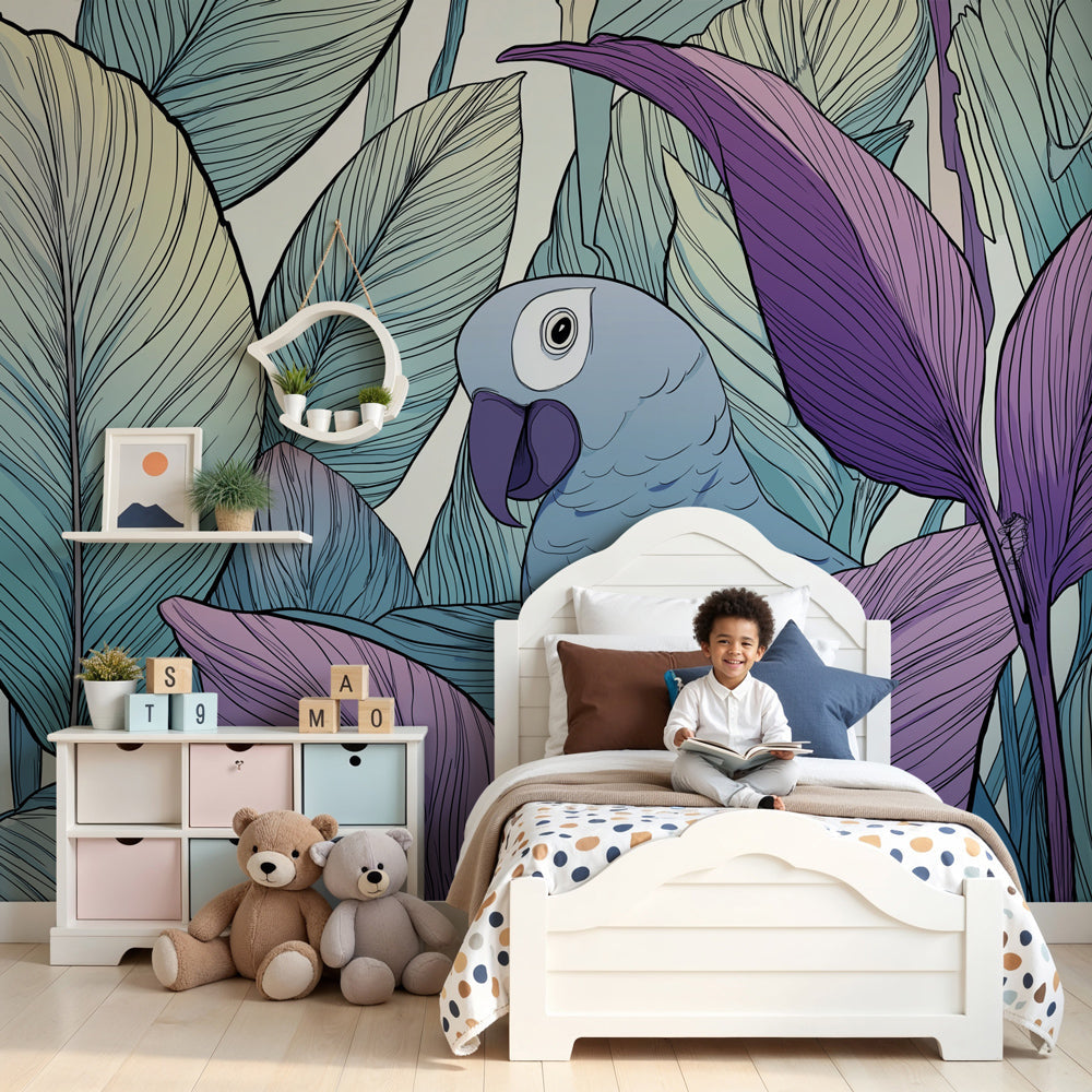 Tropical bird mural wallpaper in modern nursery with blue and violet botanical design by Kids-Mundo