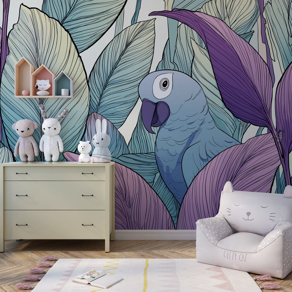 Nature-themed tropical bird mural wallpaper transforming kids playroom into botanical paradise