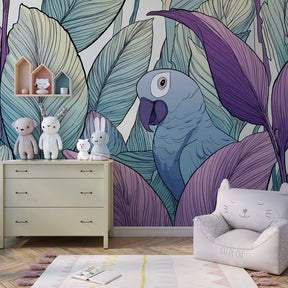 Nature-themed tropical bird mural wallpaper transforming kids playroom into botanical paradise