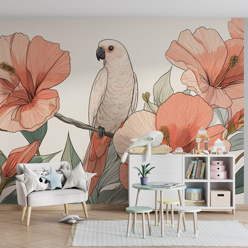 Peaceful kids bedroom featuring tropical birds mural wallpaper with pink hibiscus flowers