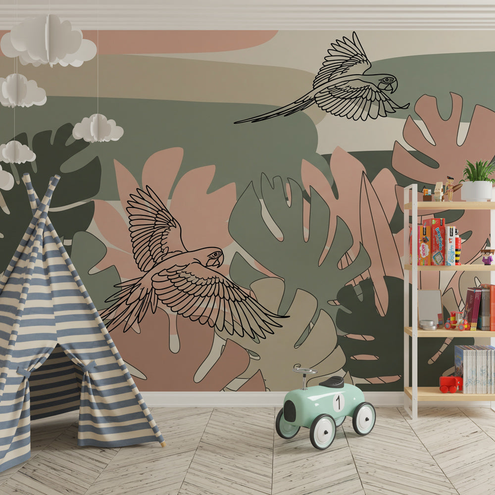 Colorful tropical birds wallpaper creating exotic paradise atmosphere in kids bedroom