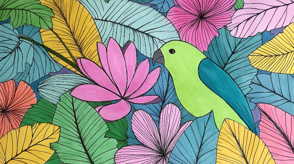 Detailed tropical birds mural wallpaper design pattern showing exotic birds and colorful botanical elements by Kids-Mundo