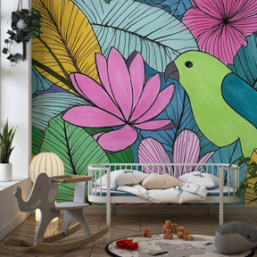 Colorful exotic birds wallpaper transforming children's bedroom into tropical paradise by Kids-Mundo
