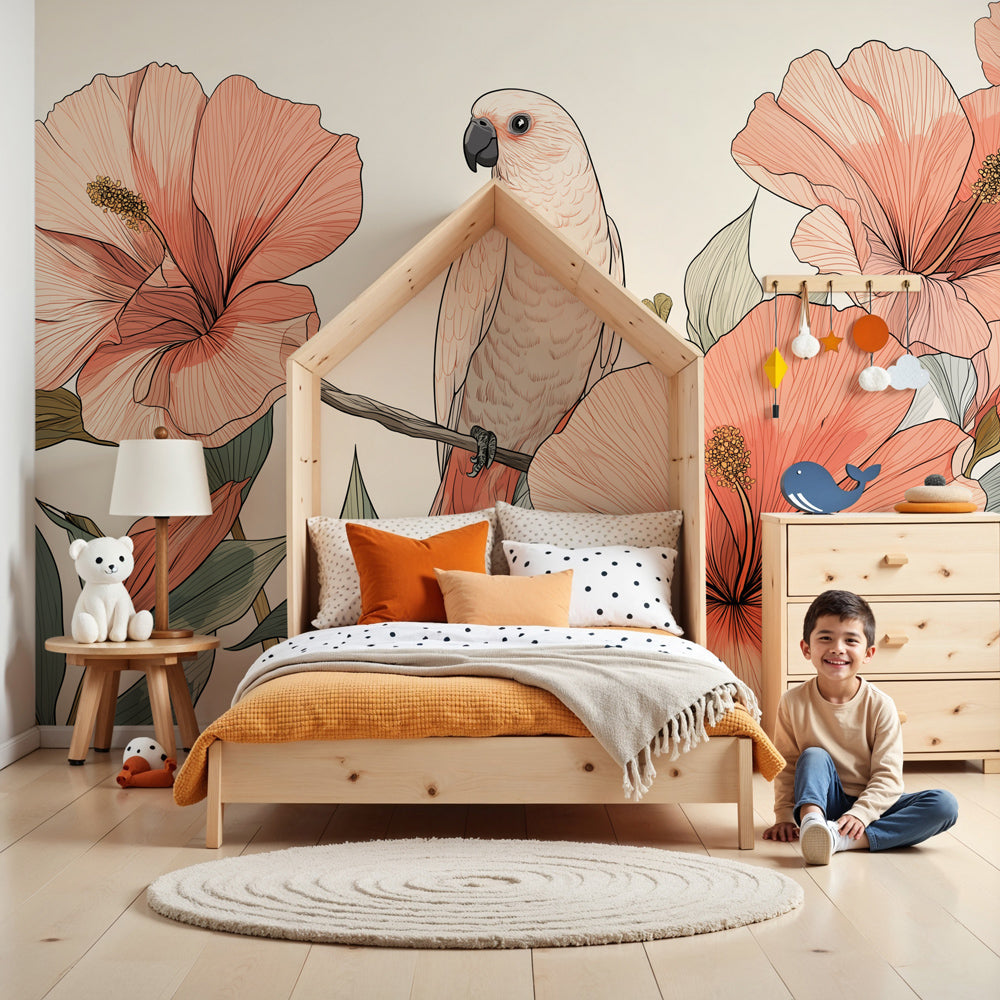 Tropical birds and hibiscus flowers mural wallpaper in bright nursery setting by Kids-Mundo