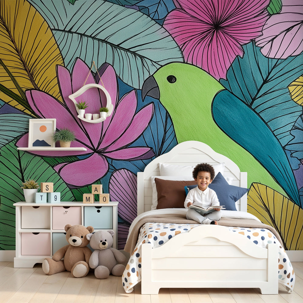 Tropical birds mural wallpaper creating vibrant nursery decor with emerald green birds and pink flowers by Kids-Mundo