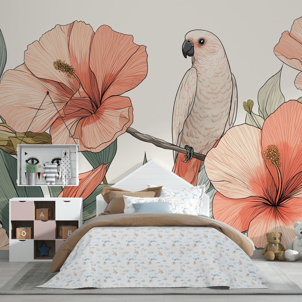 Tropical birds wallpaper creating enchanting playroom decor with natural furniture accents
