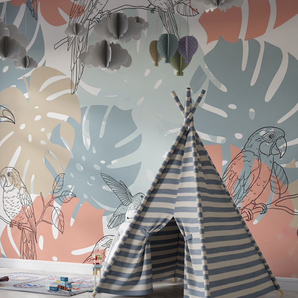 Colorful tropical birds mural wallpaper for educational children's playroom by Kids-Mundo