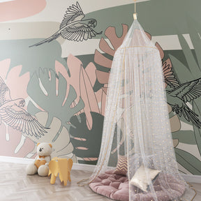 Exotic birds and foliage mural wallpaper transforming children's playroom into jungle adventure
