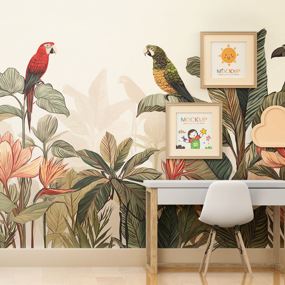 Colorful tropical birds wallpaper transforming kids playroom into jungle adventure space