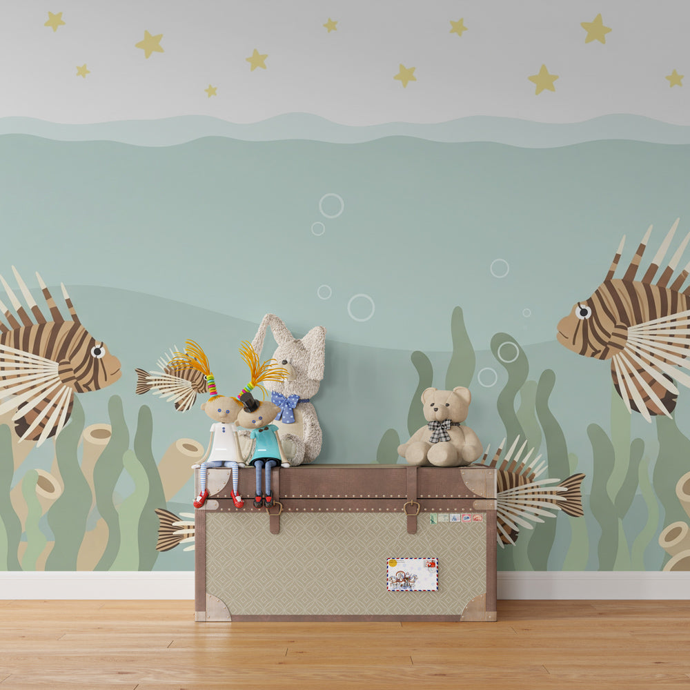 Ocean themed children's bedroom featuring tropical fish and coral reef mural wallpaper by Kids-Mundo