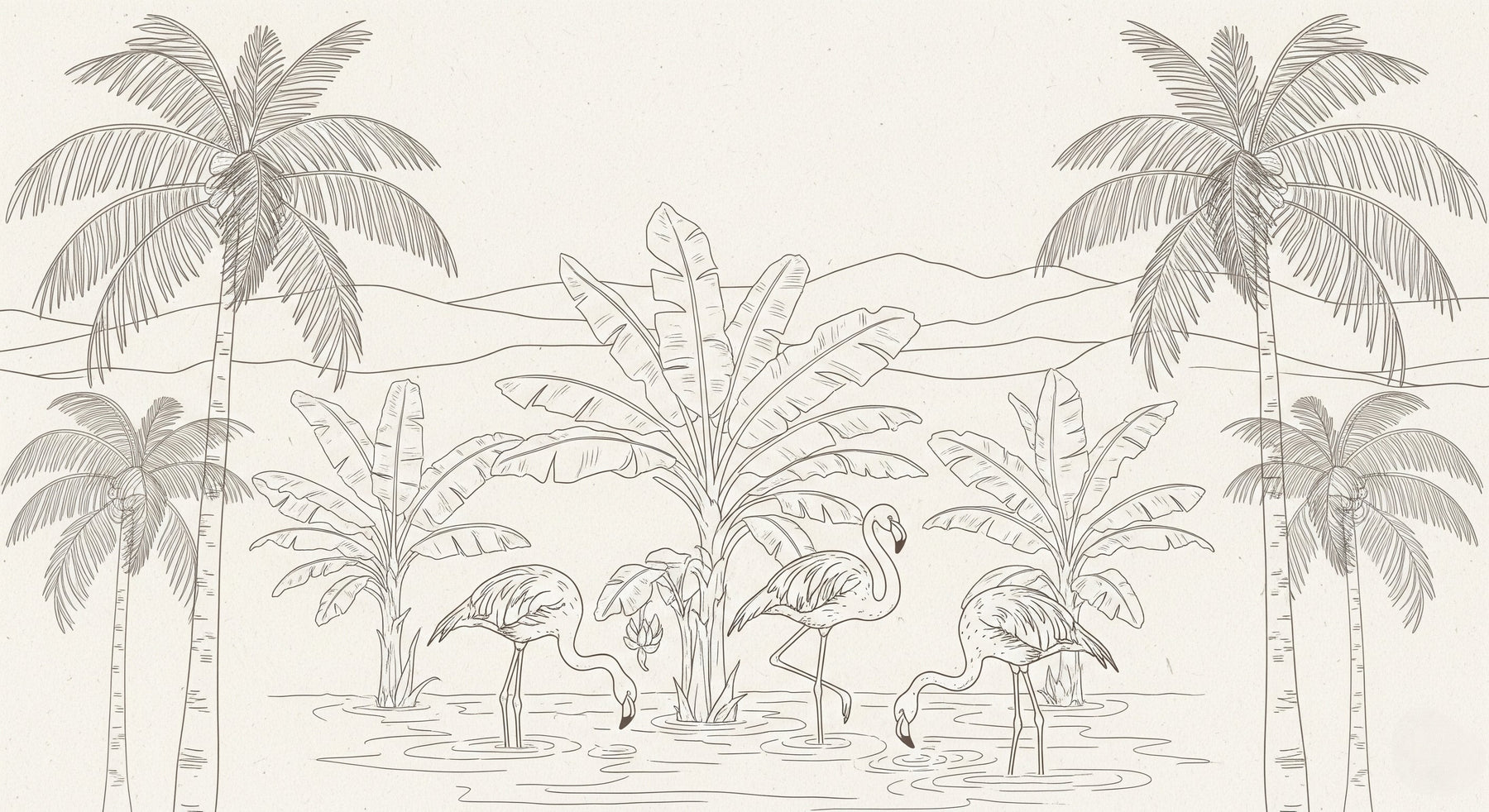 Detailed tropical flamingo and palm tree mural wallpaper design pattern by Kids-Mundo