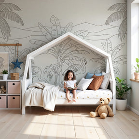 Tropical flamingo mural wallpaper with palm trees in elegant nursery by Kids-Mundo