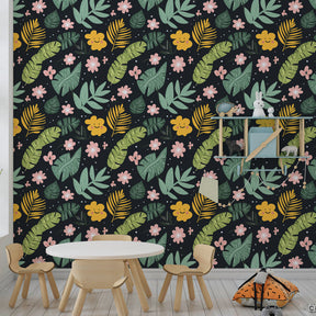 Jungle floral wallpaper transforming kids bedroom with vibrant botanical design on dark background