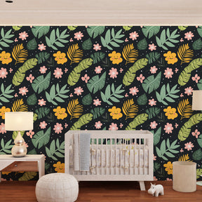 Dark tropical wallpaper featuring colorful flowers and leaves for modern children's playroom decor