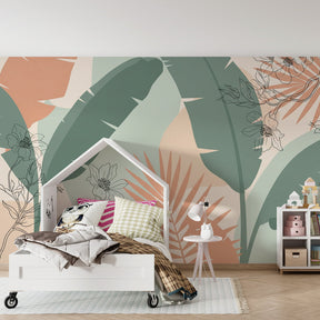 Nature-inspired tropical mural wallpaper in modern children's playroom setting by Kids-Mundo