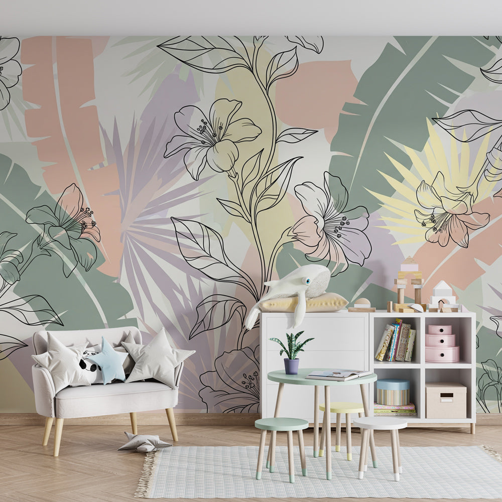 Pastel tropical garden mural wallpaper in modern kids bedroom with natural wood furniture