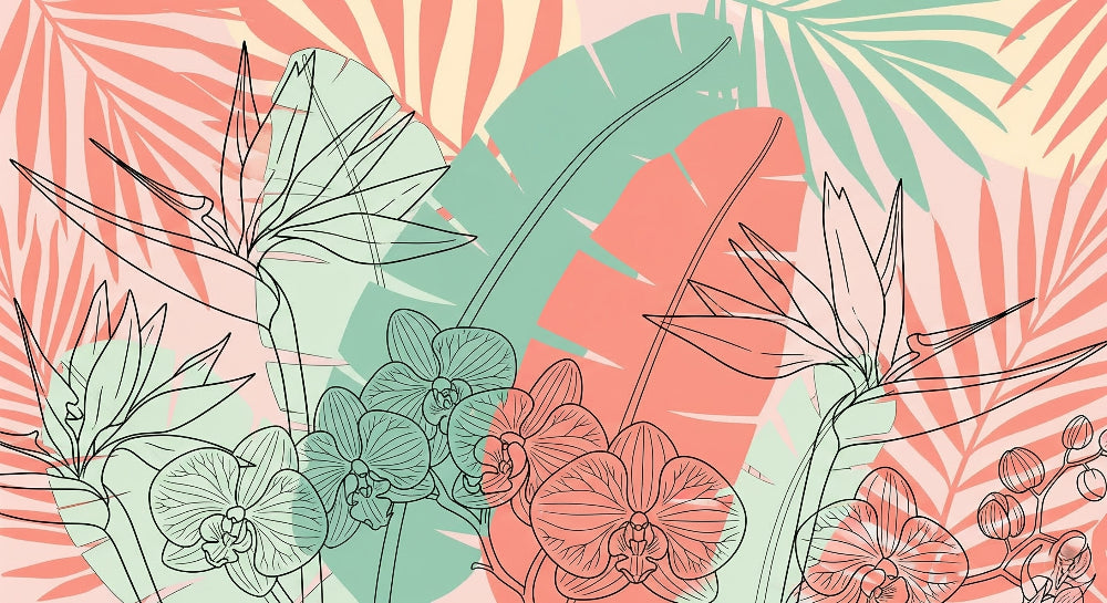 Detailed tropical flowers and linear foliage mural wallpaper design pattern by Kids-Mundo