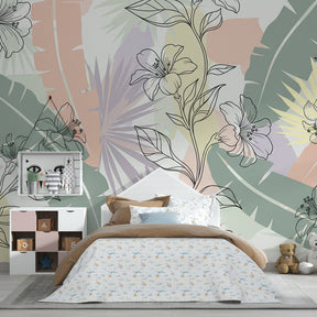 Exotic floral mural wallpaper for children's playroom featuring soft green and beige tropical motifs