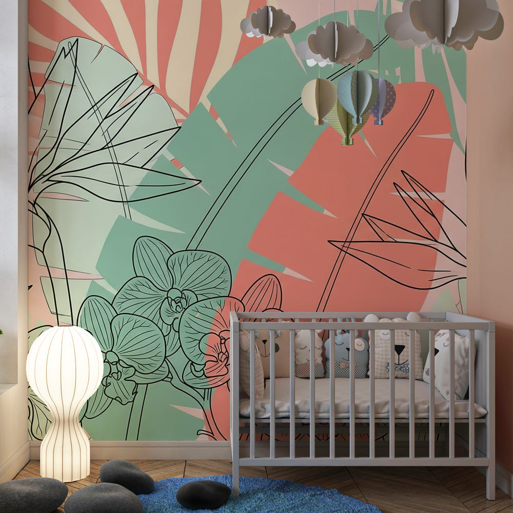Exotic floral mural wallpaper transforming children's playroom with nature-inspired design
