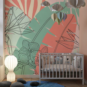 Exotic floral mural wallpaper transforming children's playroom with nature-inspired design