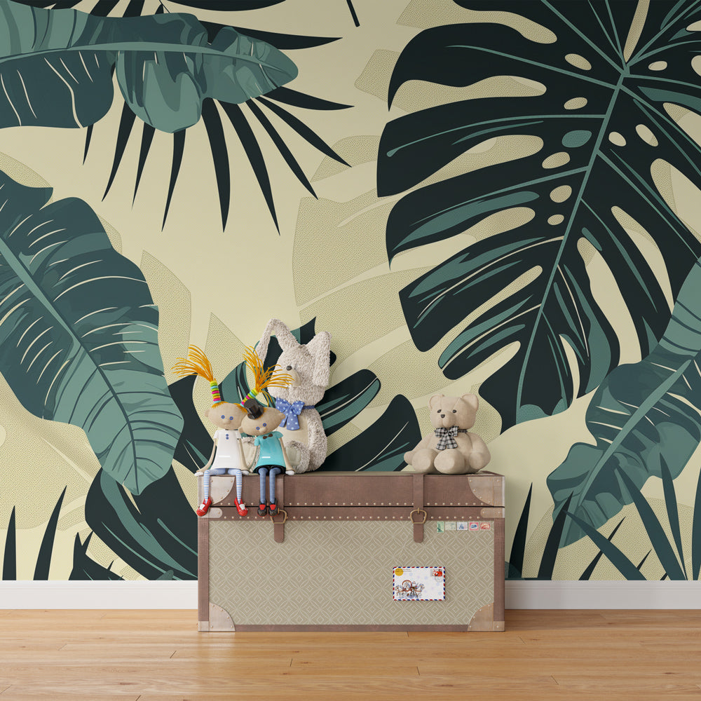 Green leaf wallpaper creating calming atmosphere in children's bedroom décor